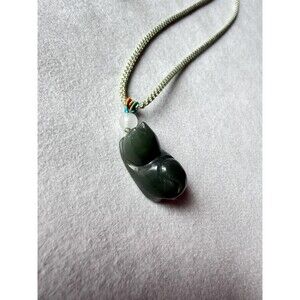Natural Green Jade Cat Pendant Necklace Carved Dark Olive Jade Adjustable Cord